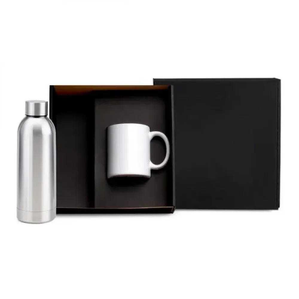 Kit Garrafa e Caneca - Prata/branco 2 Pçs