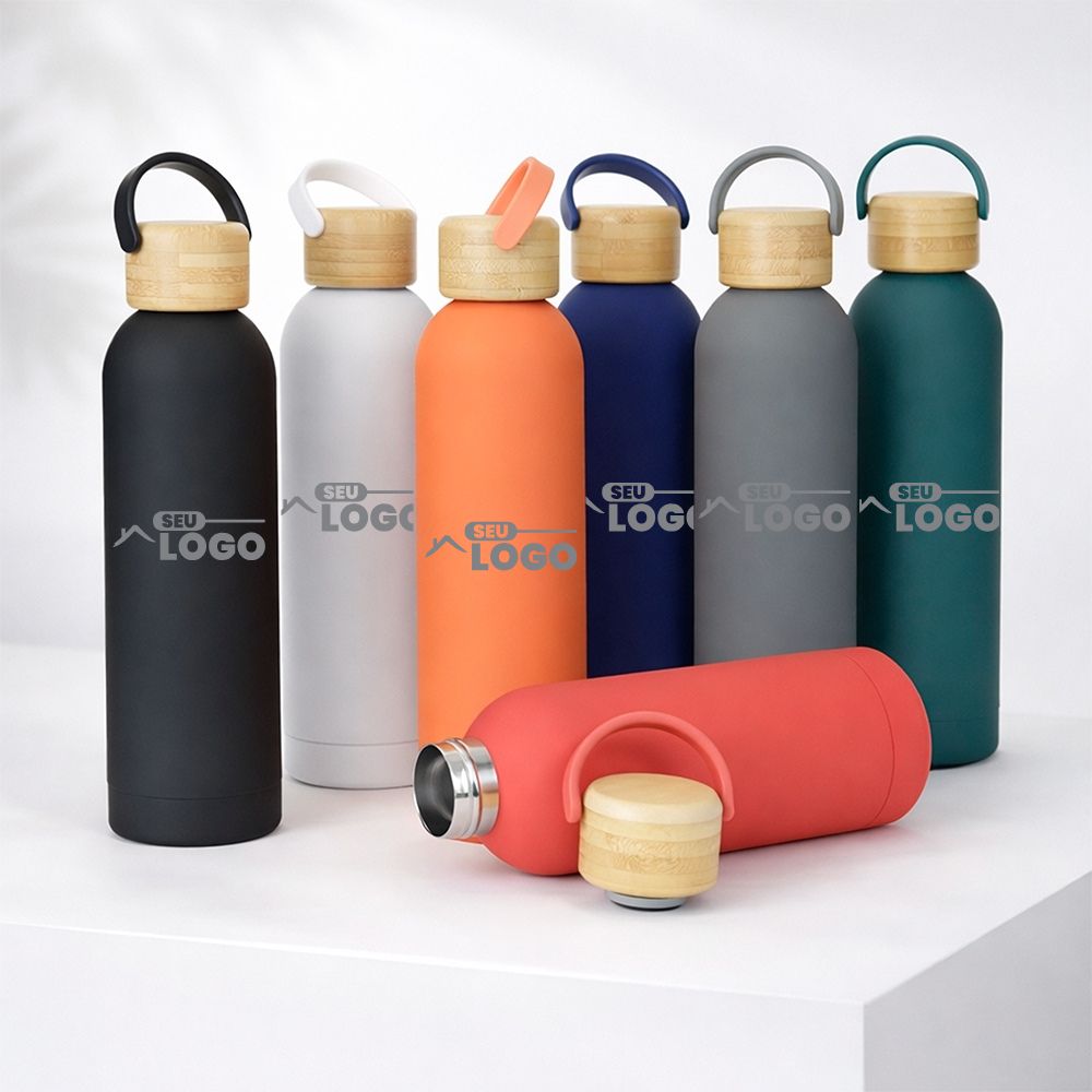 Garrafa Térmica 500ml Personalizada em Inox com Tampa Bambu | Casa do Brinde