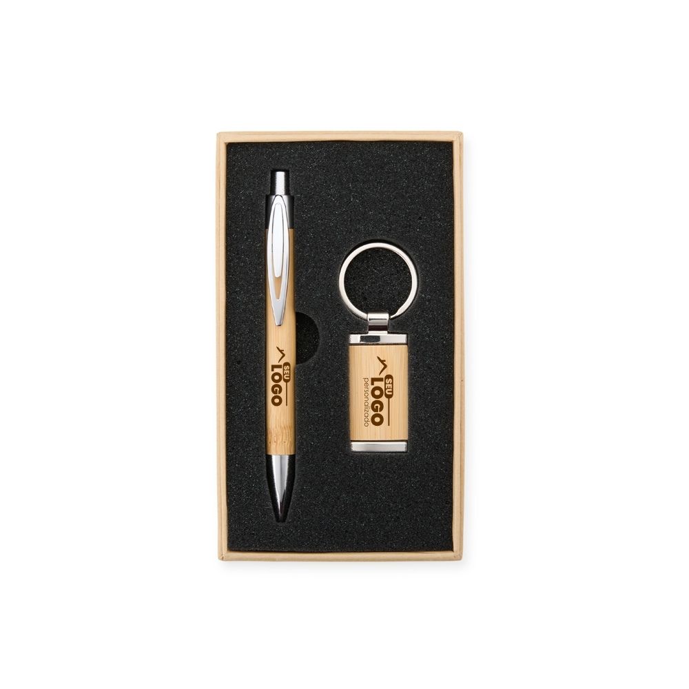 Kit Caneta e Chaveiro em Bambu Personalizado | Casa do Brinde