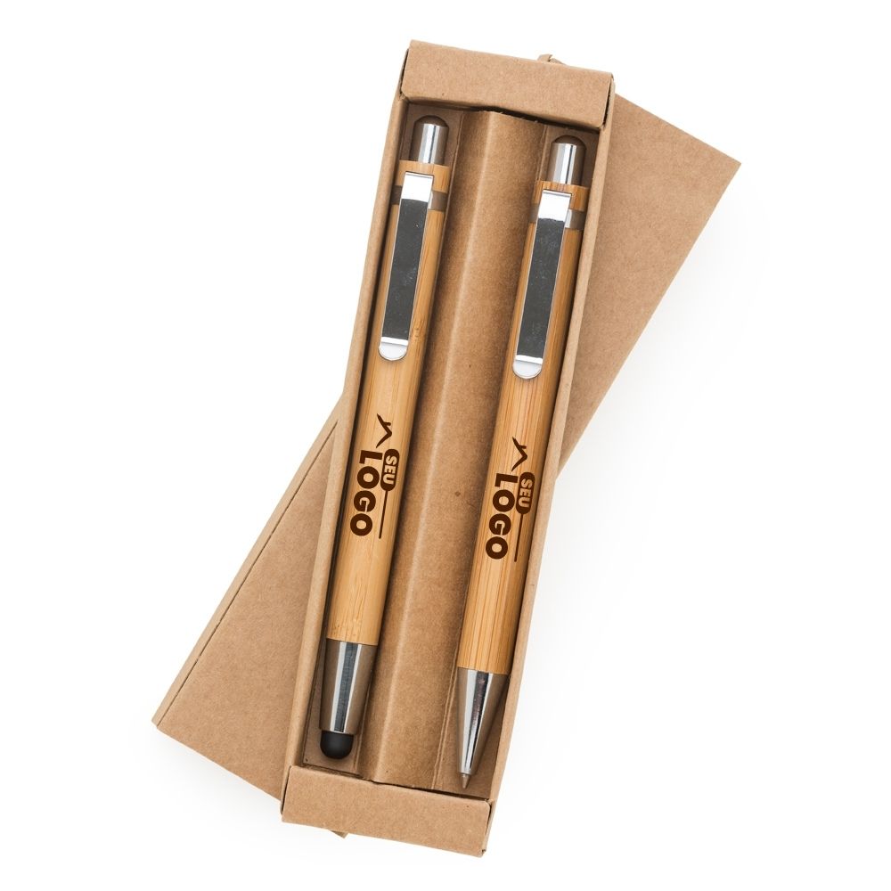 Kit Ecológico Caneta e Lapiseira em Bambu Personalizado | Casa do Brinde