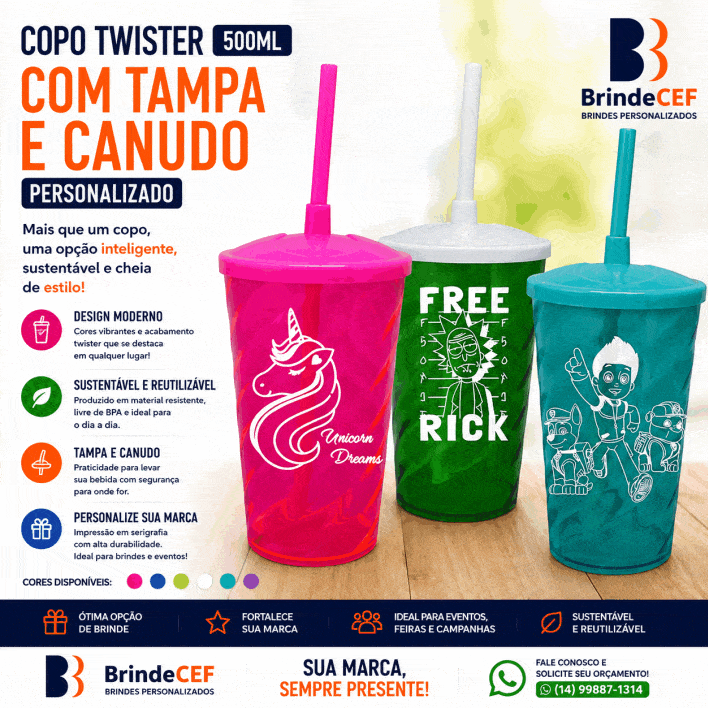 Copo Tampa Canudo Personalizado Twister 500ml - BrindeCEF