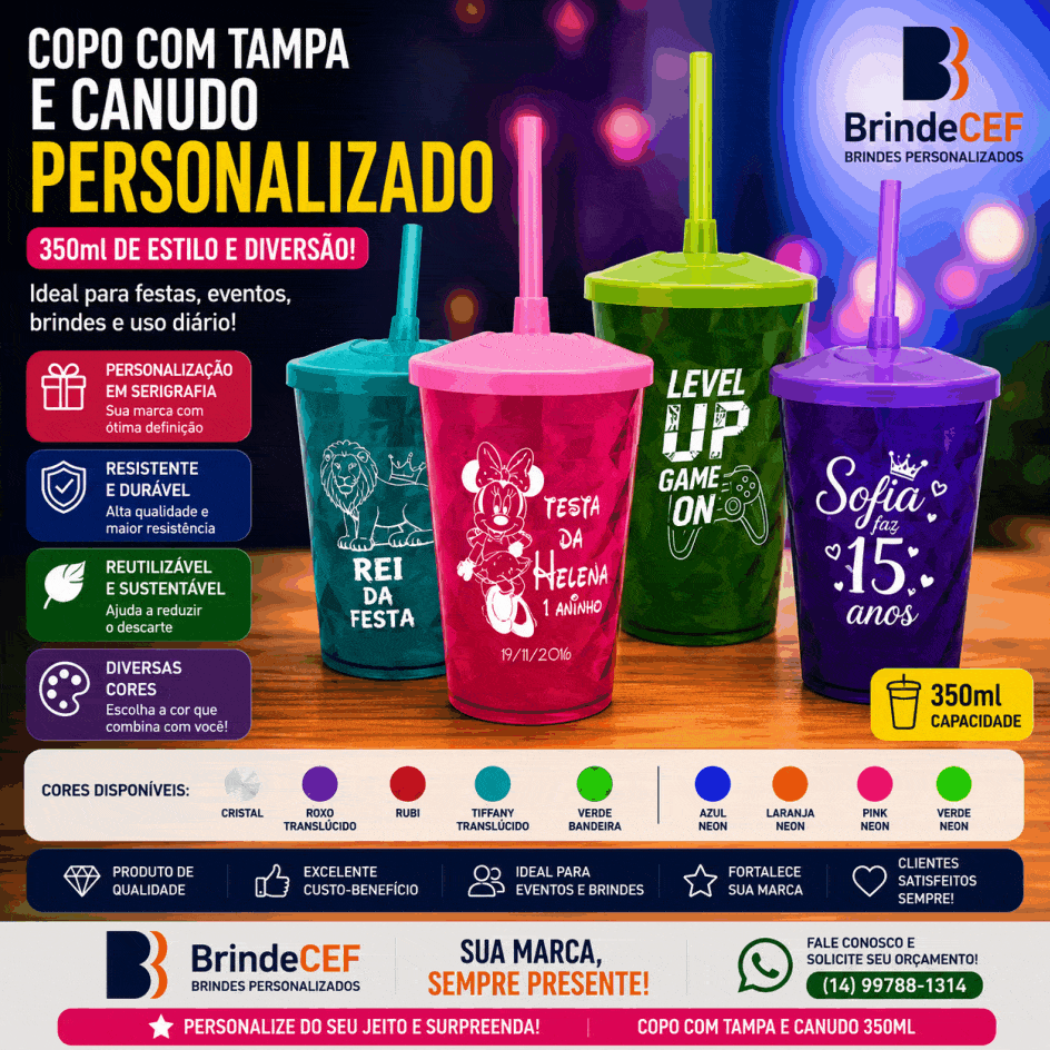 Copo com Tampa e Canudo Personalizado 350ml
