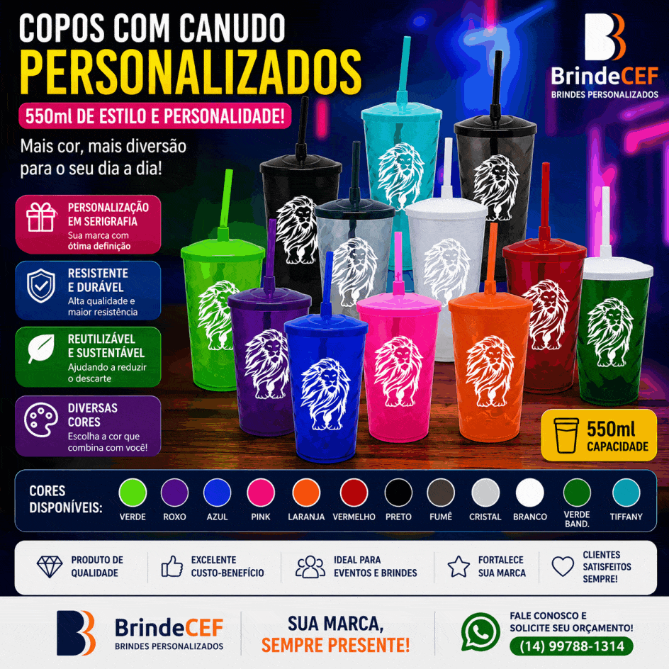 Copos com Canudo Personalizados 550ml -
