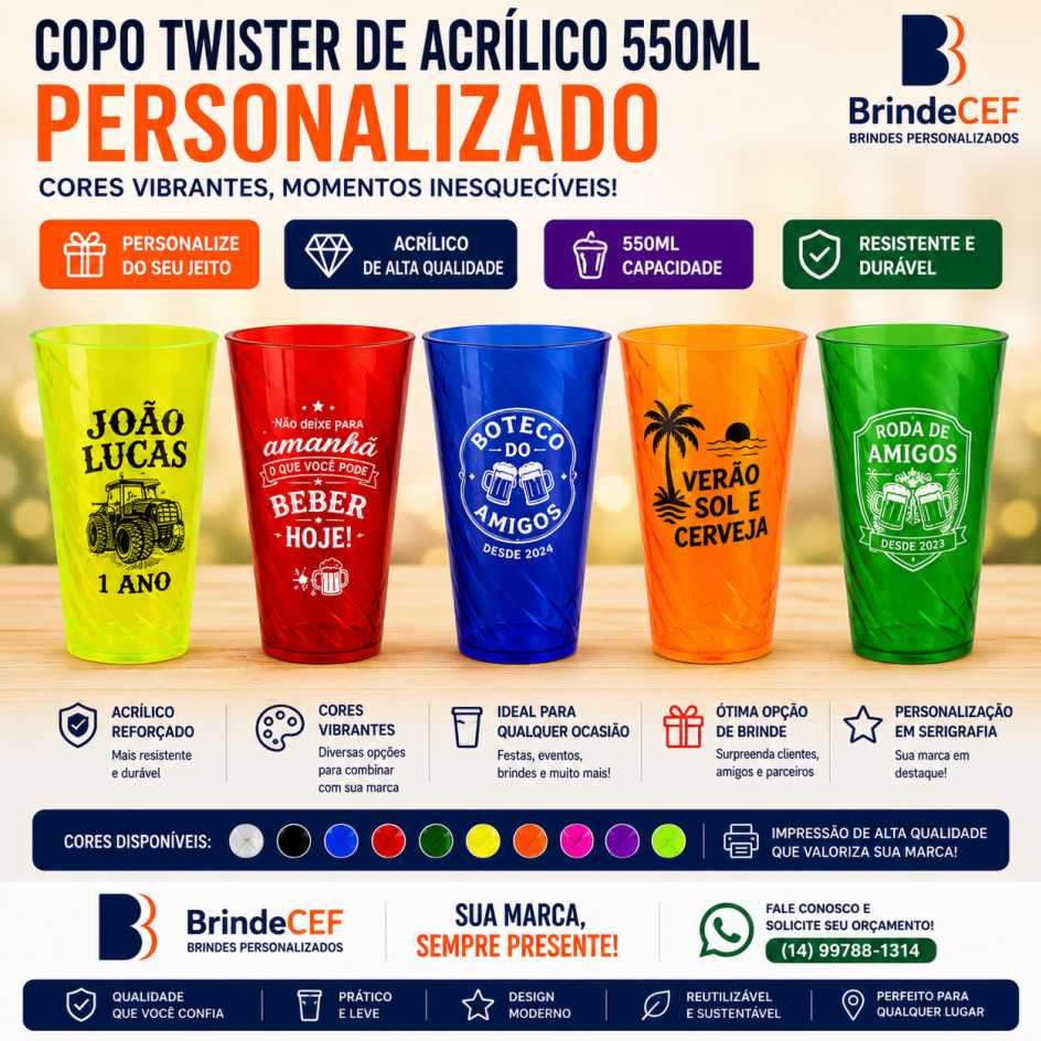 Copo Twister de acrilico Personalizad com cariedade de cores