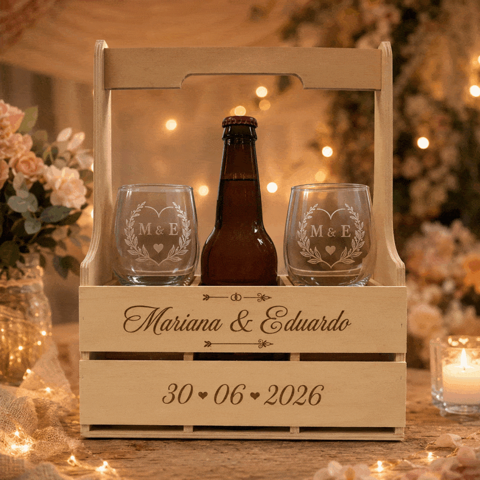 Caixote de MDF com alça 2 taças de vidro Personalizadas - BrindeCEF