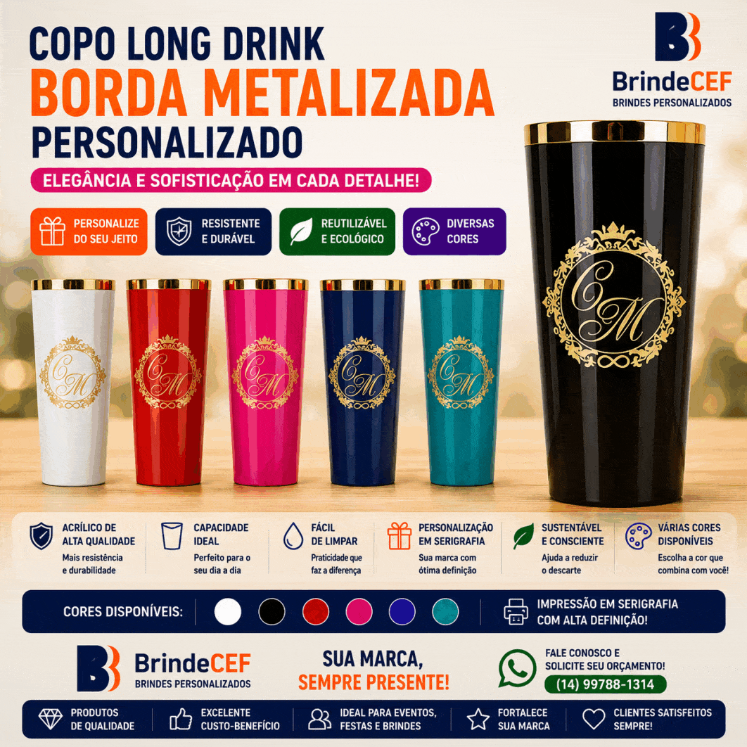 Copo Long Drink com Borda Metalizada Personalizado