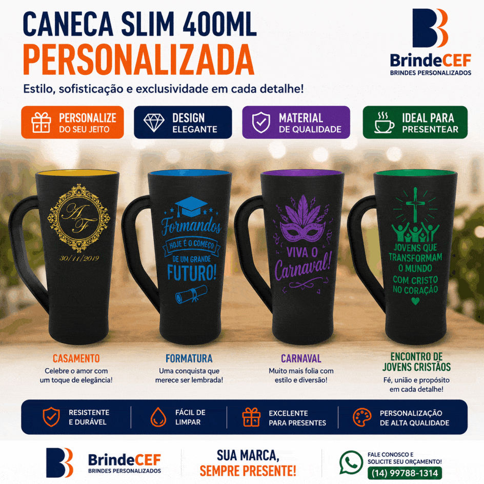 Caneca Slim 400ml cor Preto Fosco Personalizada - BrindeCEF