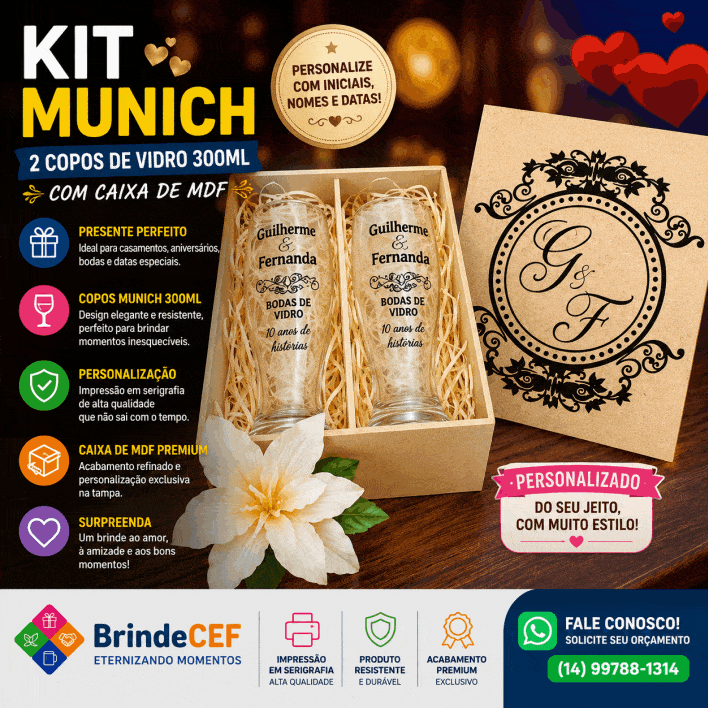 Kit Caixa de MDF 2 Copos de Vidro Munich 300ml - BrindeCEF