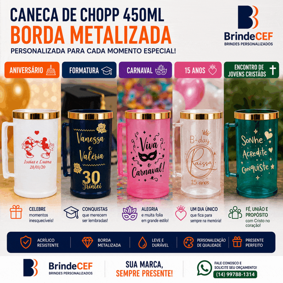 Caneca de Chopp 450ml Borda Metalizada - BrindeCEF