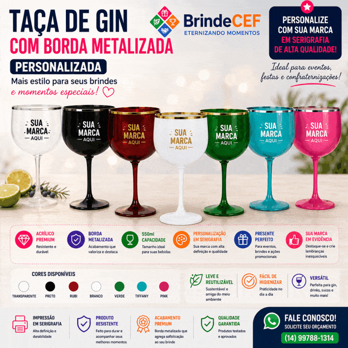 Taça de Gin de Acrílico Borda Metalizada 550 ml Personalizada - BrindeCEF