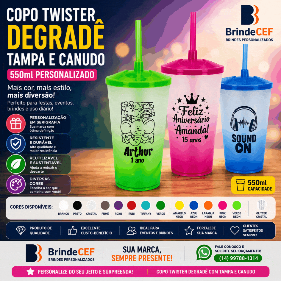 Copo Twister Degradê Tampa e Canudo 550ml Personalizado