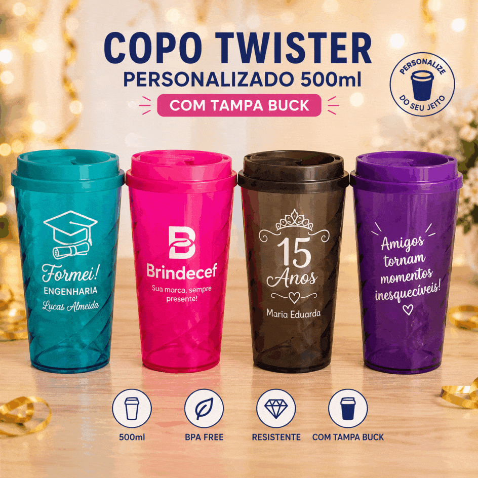 Copo Twister Personalizado 500ml com Tampa Buck - BrindeCEF