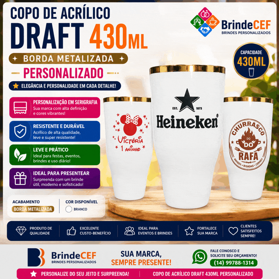 Copo de Acrílico Draft 430ml Borda Metalizada Personalizado - BrindeCEF
