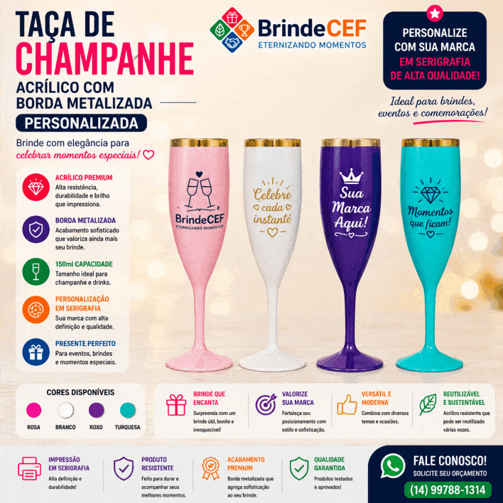 Taça de Champanhe de Acrilico e Borda Metalizada Personalizada - BrindeCEF