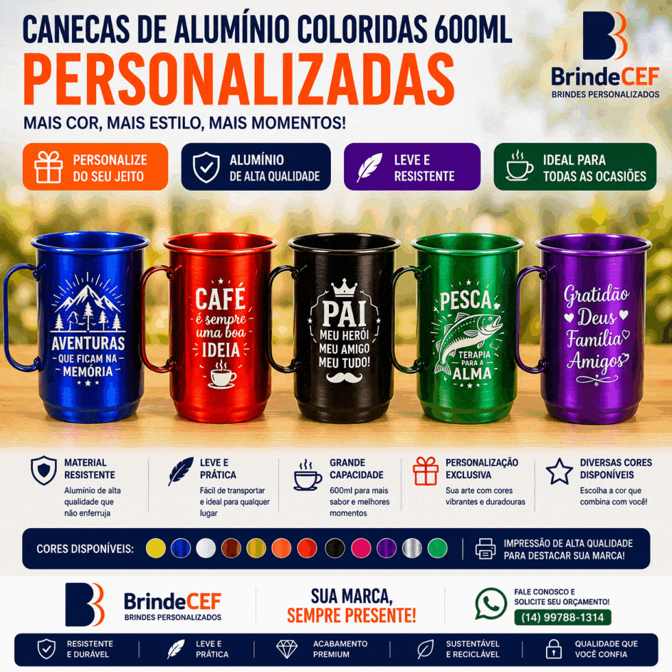 Canecas de Alumínio Coloridas 600 ml Personalizadas - BrindeCEF