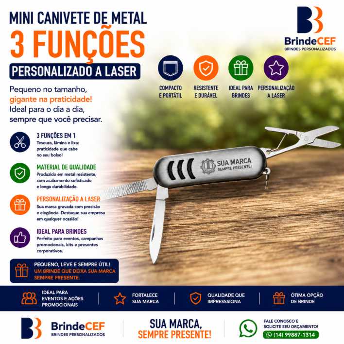 Mini Canivete de Metal 3 Funções Personalizado - BrindeCEF