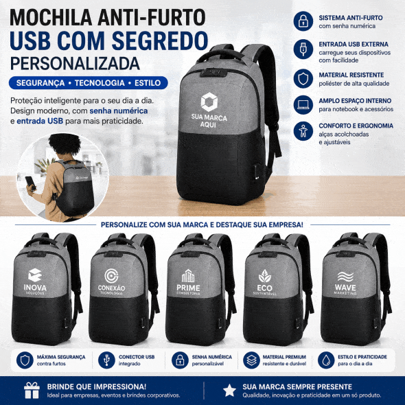 Mochila de Poliéster Anti-Furto USB com Segredo Personalizada - BrindeCEF