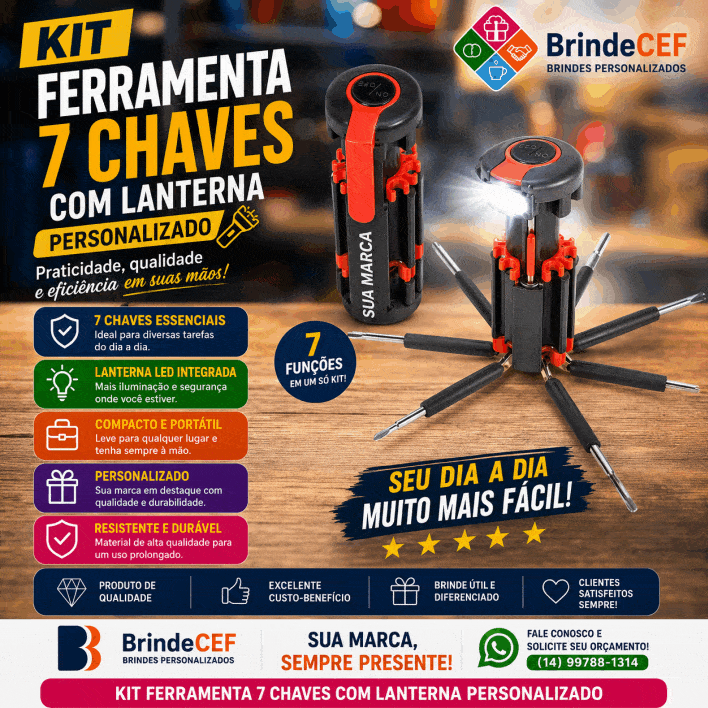 Kit Ferramenta 7 Chaves Personalizada com Lanterna