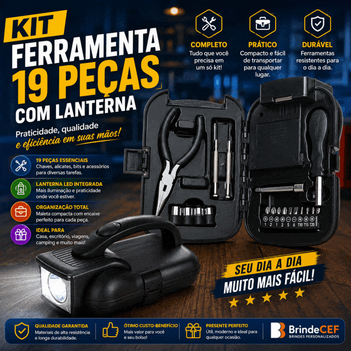 Kit Ferramenta 19 Peças com Lanterna Personalizada - Brindes