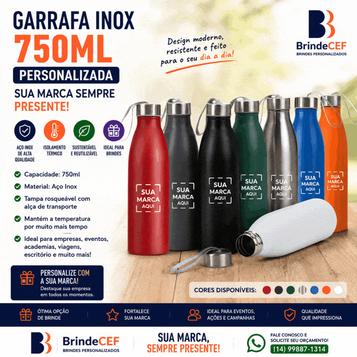 Garrafa Inox 750ml Personalizada Rosqueavel para brindes