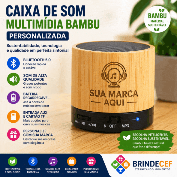 Caixa de Som Multimídia Bambu Personalizada para Brindes