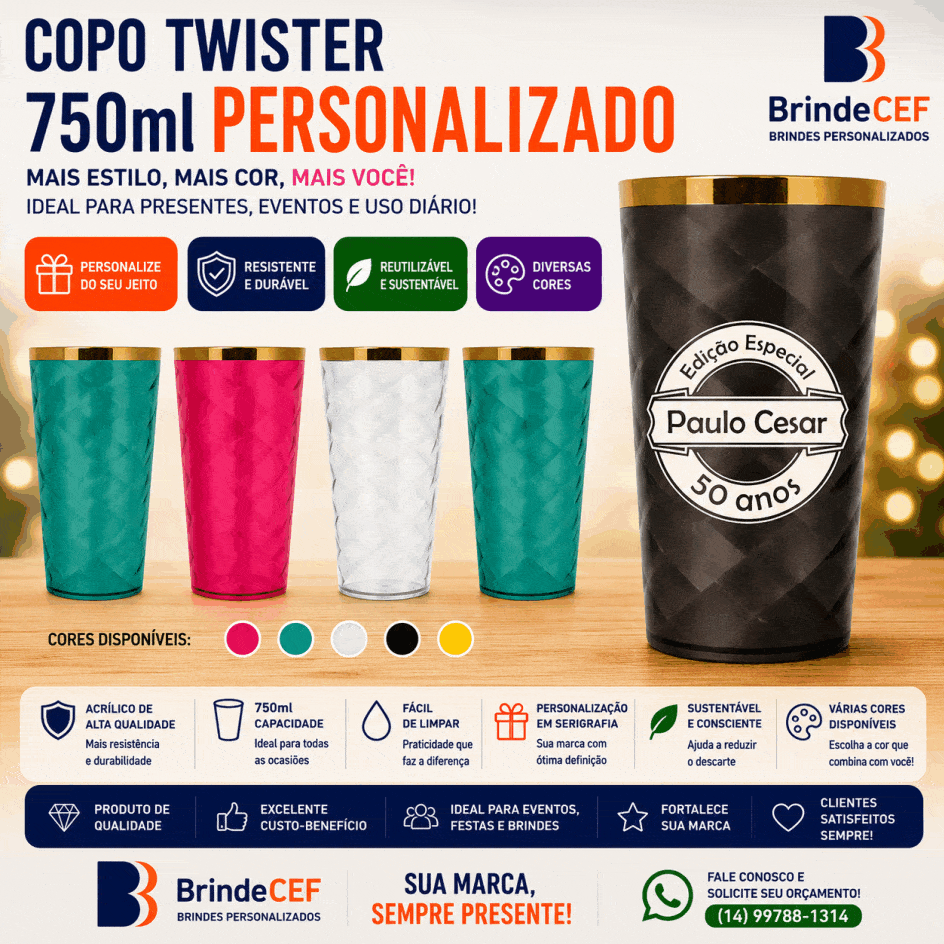 Copos Twister Personalizados 750 ml com borda metalizada