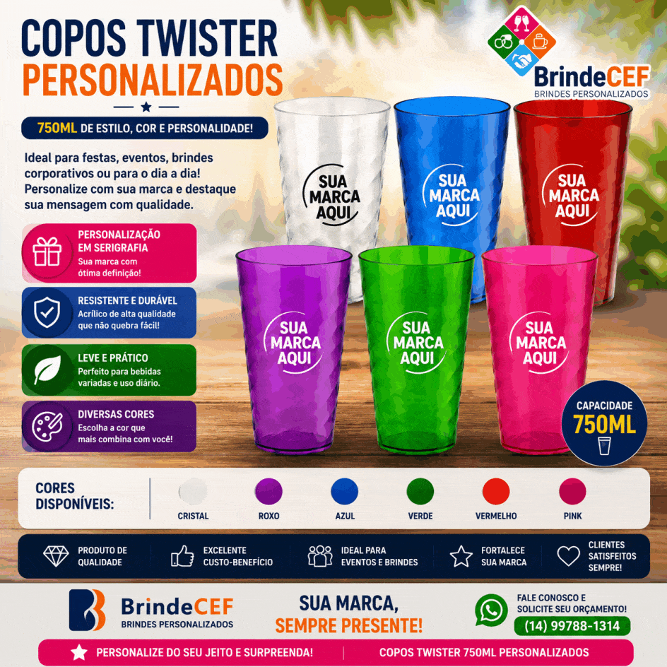 Copos Twister Personalizados de Acrílico 750 ml para Festas