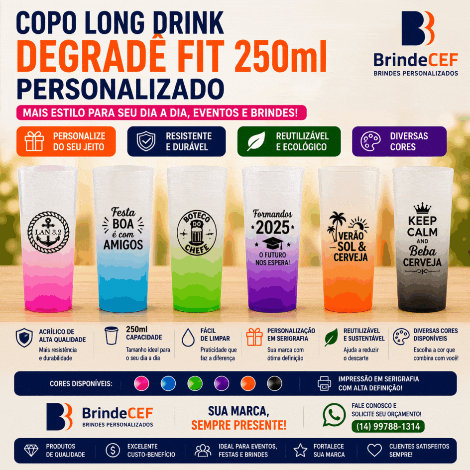 Copos long drink degrade Personalizados Fit de 250 ml