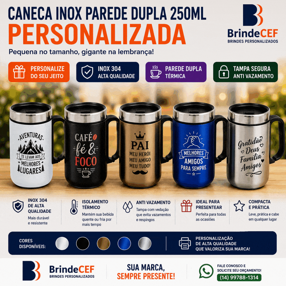Caneca Inox Parede Dupla 250 ml Personalizada em várias