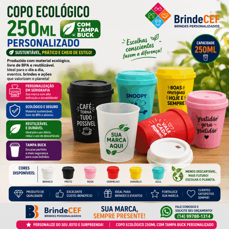 Copo Ecológico 250 ml Personalizado com tampa buck