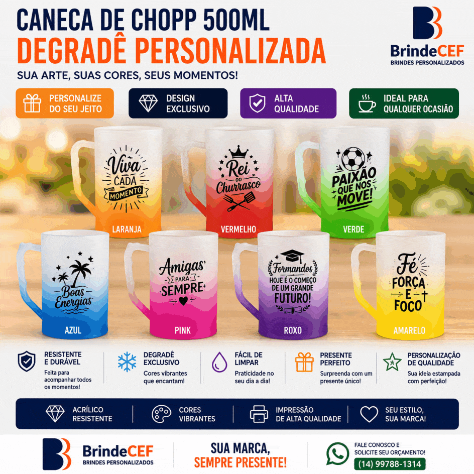 Caneca de Chopp 500ml Degrade Personalizada varias cores
