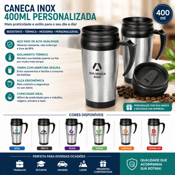 Caneca Inox 400ml Personalizada - BrindeCEF