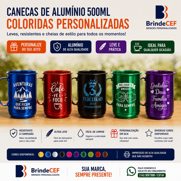 Canecas de Aluminio 500 ml Coloridas Personalizadas