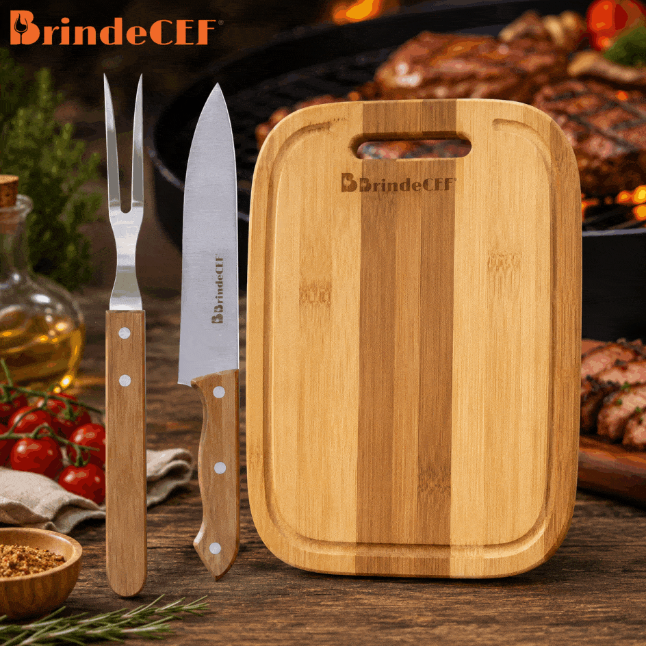 Kit Churrasco 3 Peças Inox e Madeira - BrindeCEF