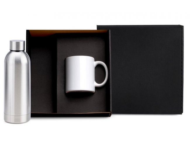 Kit Garrafa E Caneca - Prata/Branco 2 Pçs KT-90362