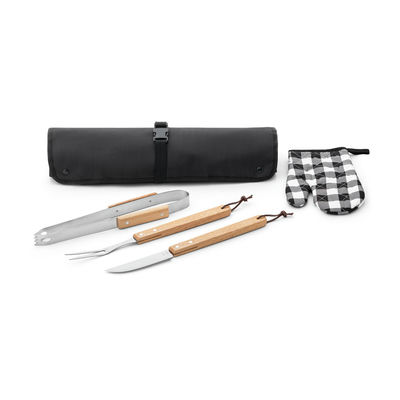 Kit Churrasqueiro Avental com Utensílios em Aço Inox e Estojo